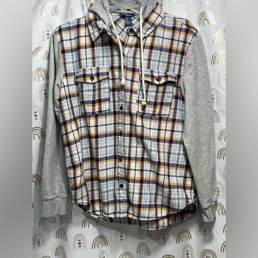 Forever 21 Plaid Hooded Shirt - Gray, Blue, Orange